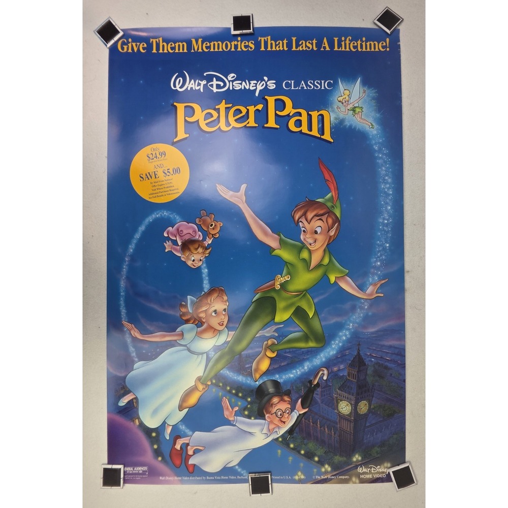 Vintage Walt Disney Peter Pan Store Display Poster‎ VHS Cover USA Printed 26x40